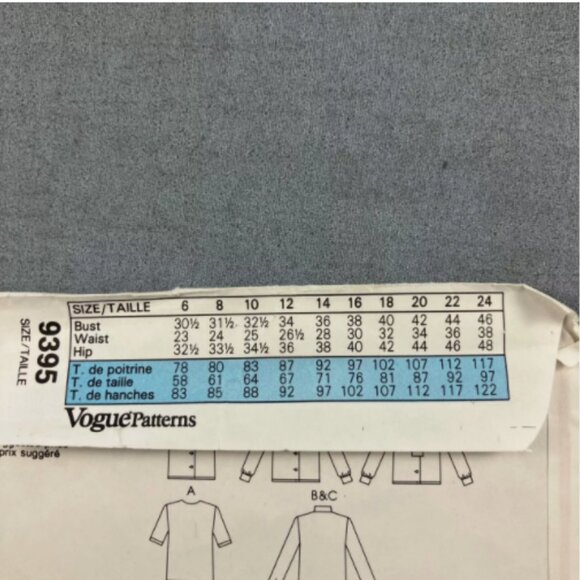 Vogue 9395 Misses Blouse Sewing Pattern Shoulder Pads Collar Bow Sz 14 16 18 CUT - Picture 3 of 3